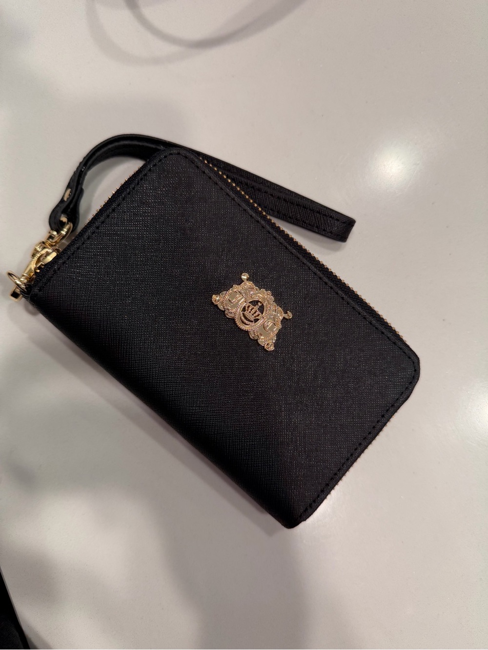 Black Zip Wristlet Wallet with Gold Crest Hardware